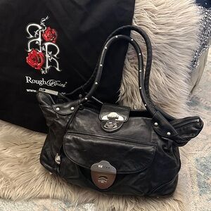 Rough Roses Black Leather Shoulder Bag